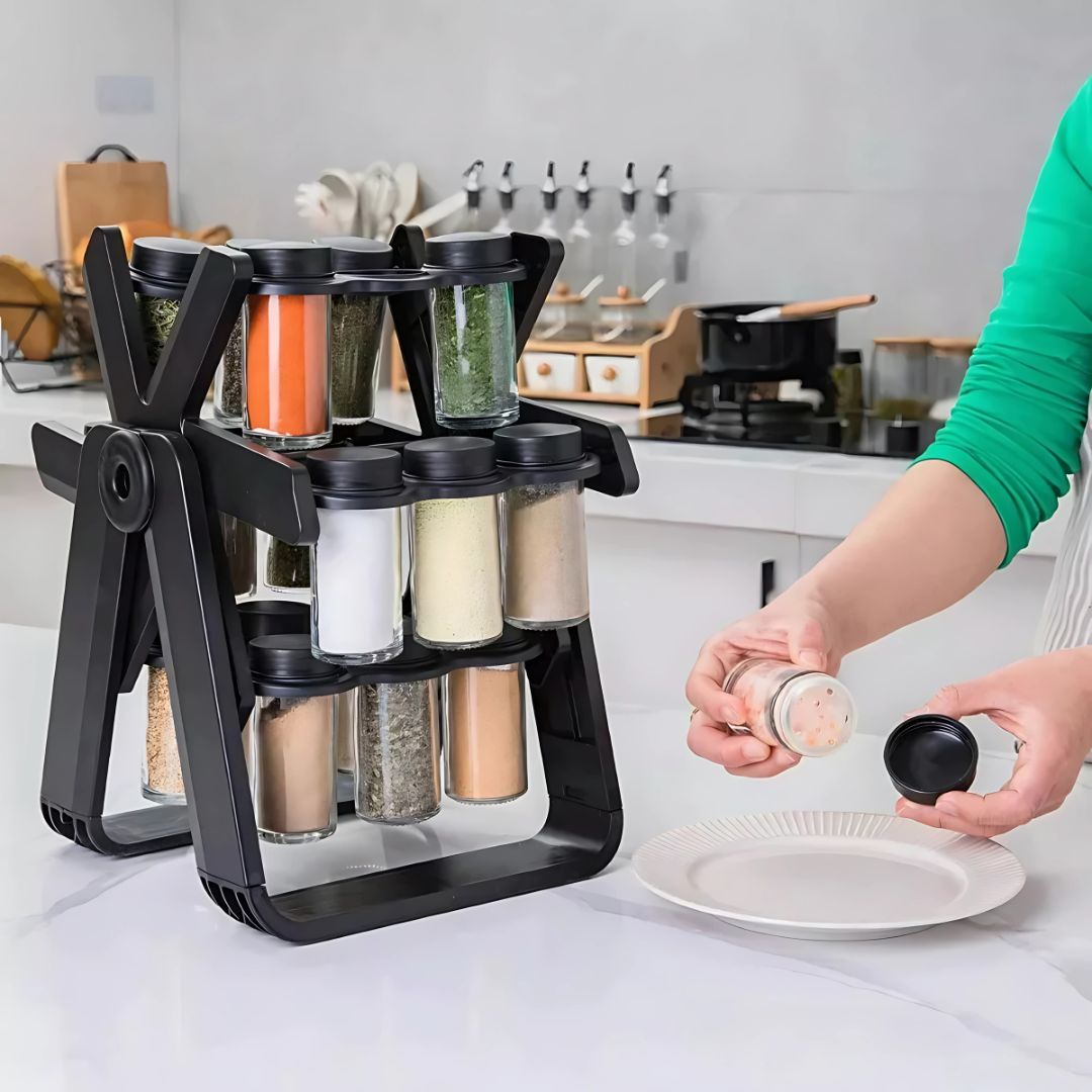 Organizador Giratorio de Especias – 18 Tarros de Vidrio + Rotulador + Ebook de cocina GRATIS