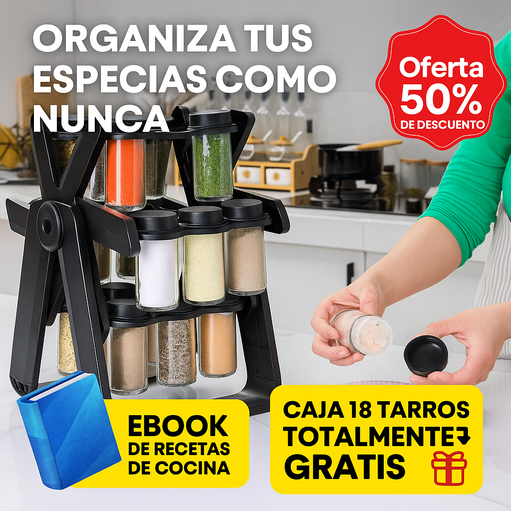 Organizador Giratorio de Especias – 18 Tarros de Vidrio + Rotulador + Ebook de cocina GRATIS